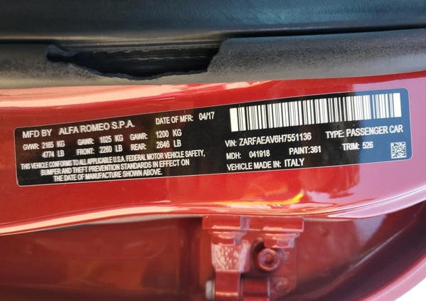 Alfa Romeo Giulia cena 119000 przebieg: 74324, rok produkcji 2017 z Radzionków małe 67